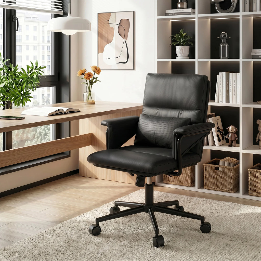 EnHomee Ergonomic Office Chair, Mid Back PU Leather Desk Chair, Adjustable Height Computer Chair with Lumbar Fixed Padded Armrest & Rolling Wheels