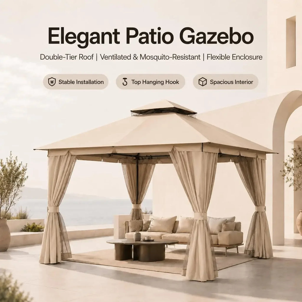 Kingdura 10'x10' Outdoor Gazebo, Heavy Duty Metal Patio Canopy Tent Shelter with Double Roof, Mosquito Netting & Privacy Curtain