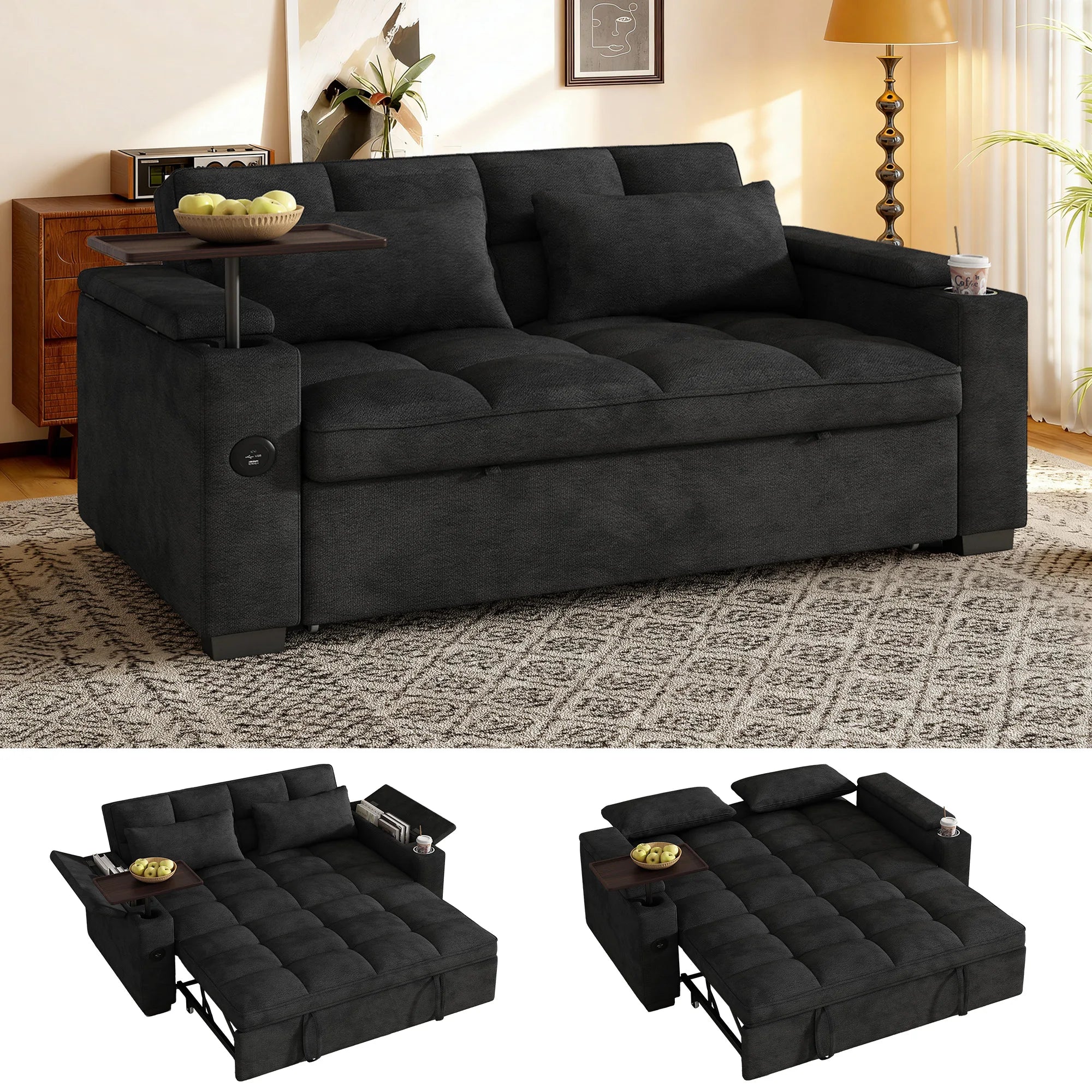65" 3-in-1 Folding Convertible Sofa Bed with 360° Swivel Side Table, Pull Out Couch USB Charging, Modern Corduroy Chenille, Black