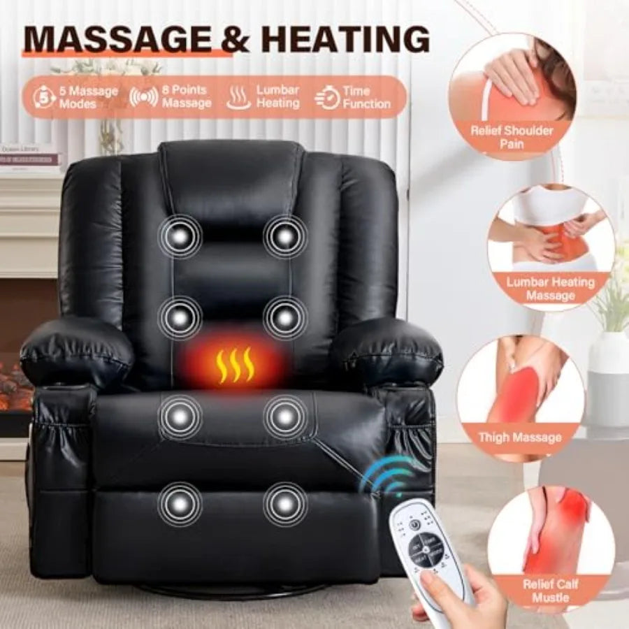 Swivel Rocker Recliner Chair with Vibration Massage and Heat for Living Room, with Rocking Function and Side Pocket, PU Leather