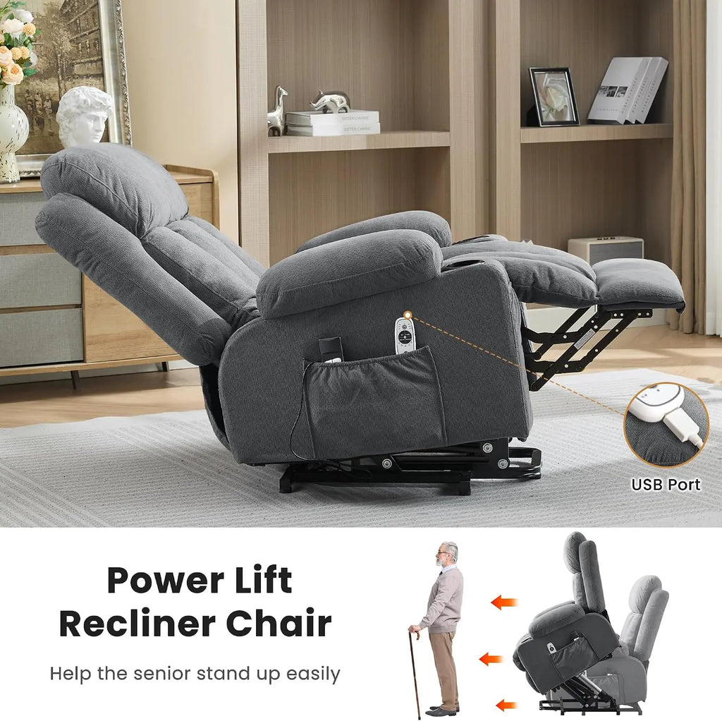 Power Lift Recliner Chair for Elderly with Vibration Massage and Lumbar Heating Electric Oversized Single Sofa with Cup Holder