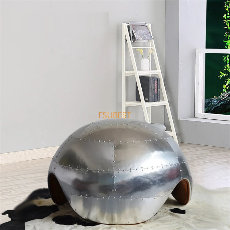 FSUBEST Vintage Aluminum Aviator ball chairs Living Room Sofas Leather Skin Rocking Aviator Aluminum Leather Arm Chair