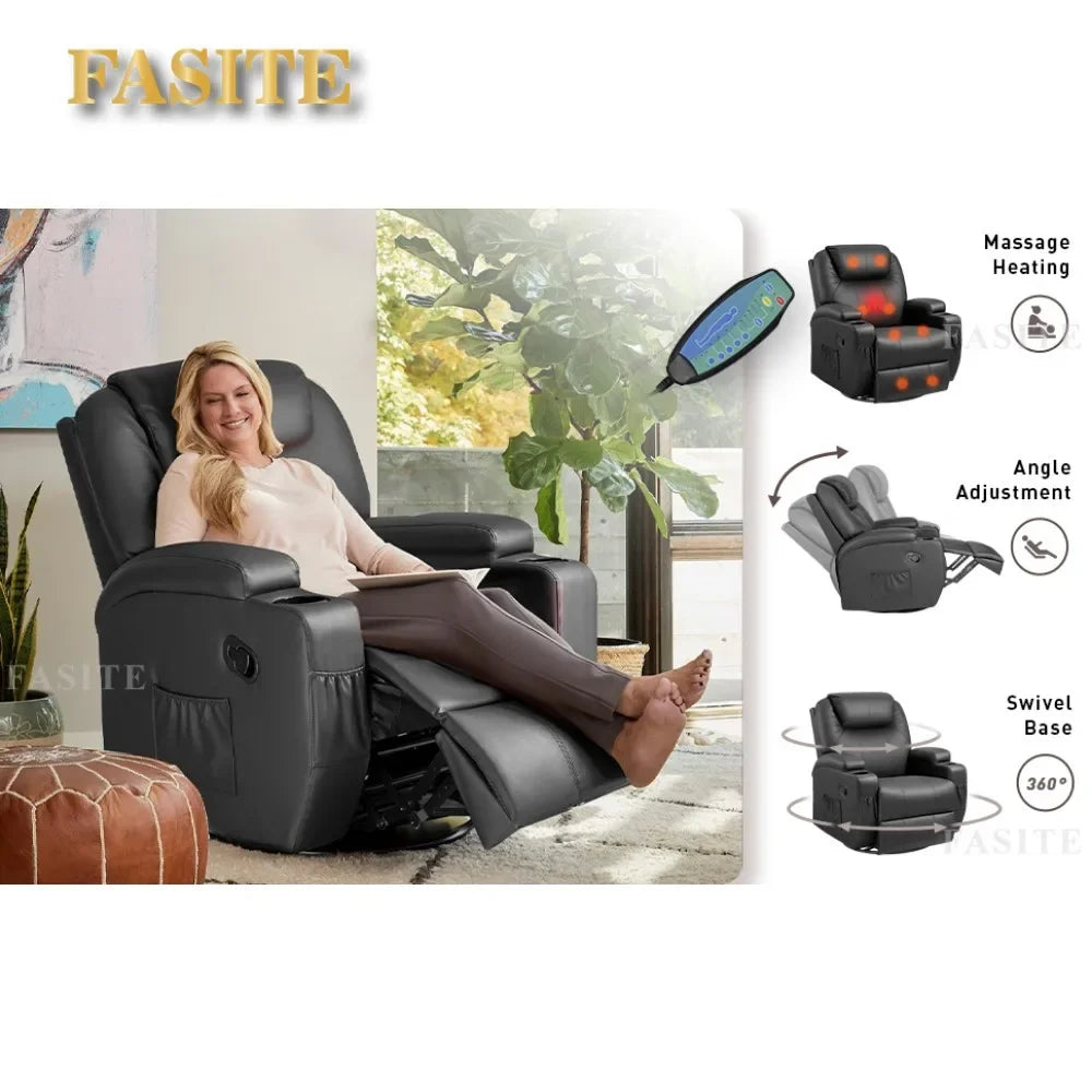 2023 New Swivel Rocker Recliner with Massage and Heating Functions, Sofa Chair with Remote Control and Two Cup Holders