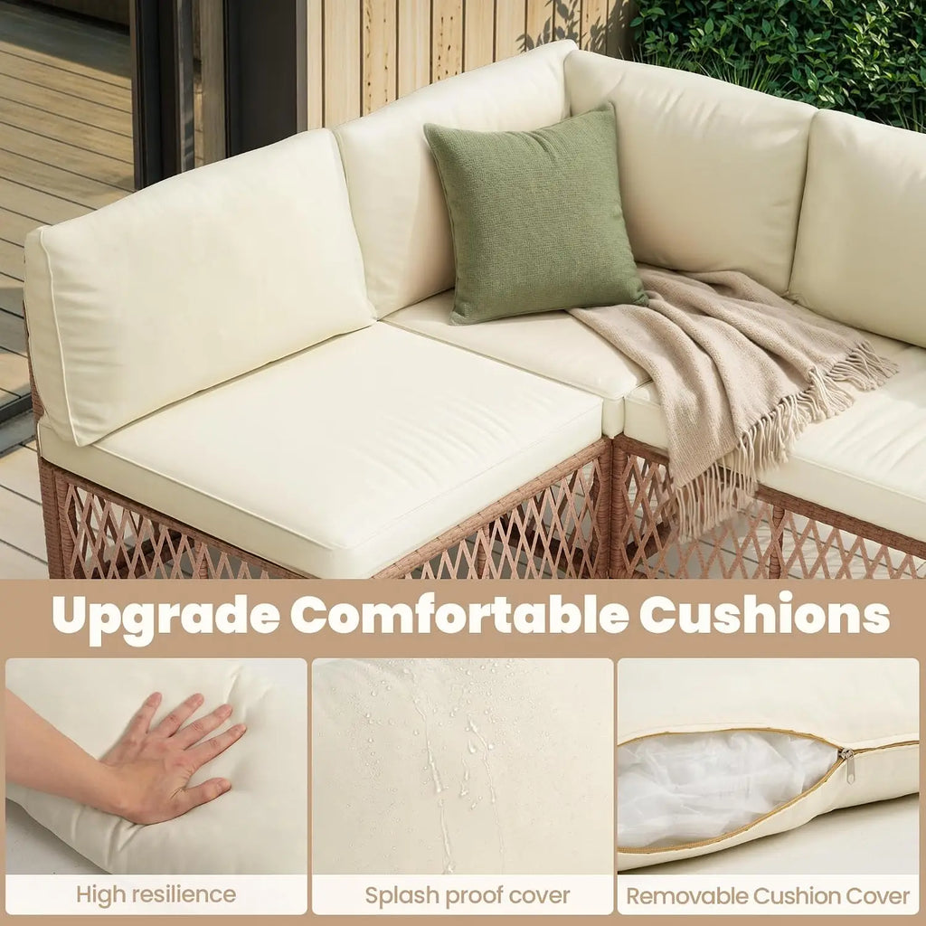 7-Piece Wicker Outdoor Sectional Sofa Patio Set with Washable Cushions & Glass Table, All-Weather for Backyard & Porch, Custom