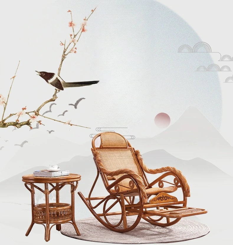 Rattan classical Chinese furniture, bamboo and rattan coffee table, casual  rocking chair