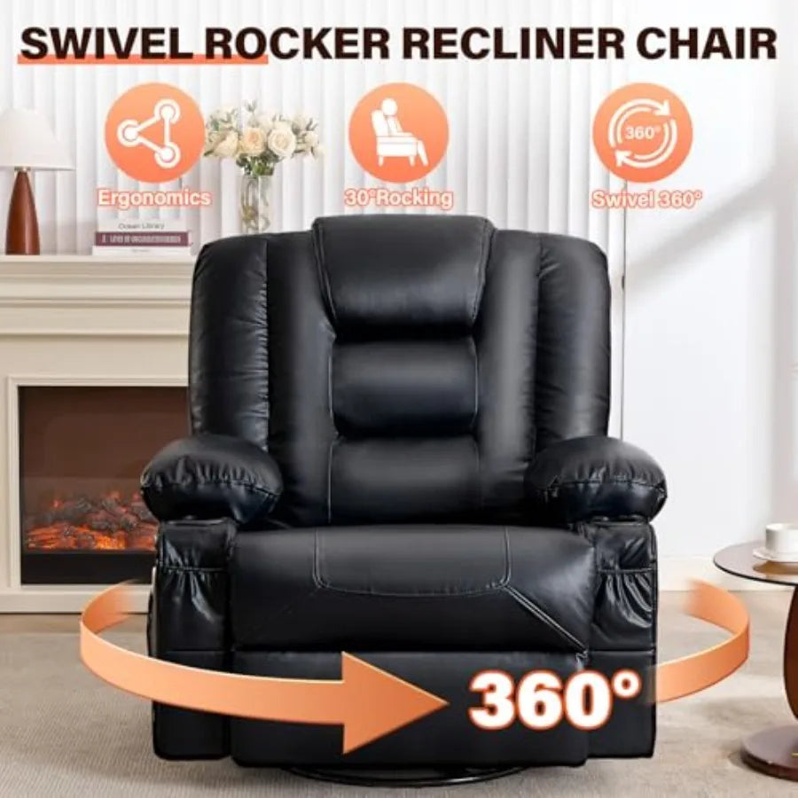 Swivel Rocker Recliner Chair with Vibration Massage and Heat for Living Room, with Rocking Function and Side Pocket, PU Leather