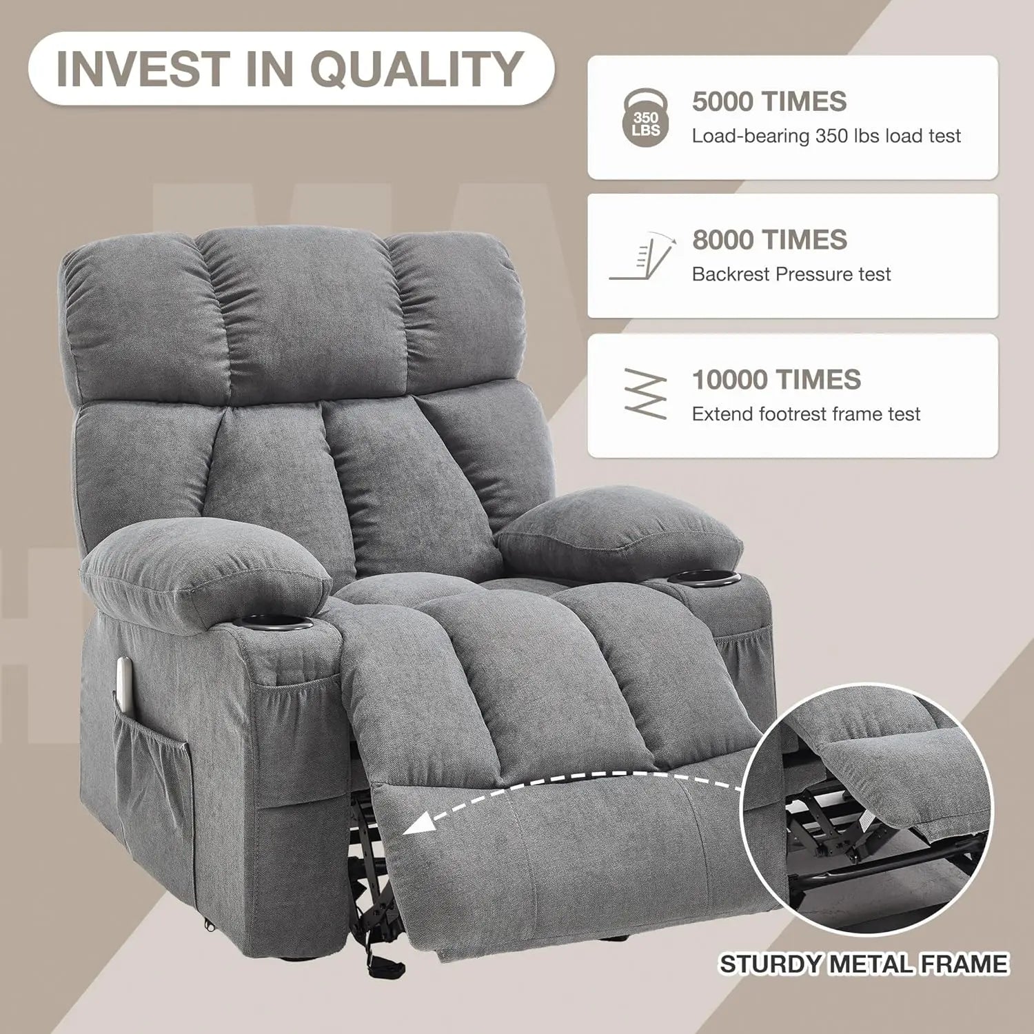 Massage Recliner Chair with Heat & Vibration, USB Port, Cup Holders - Grey Rocking Lounge Chair for Living Room