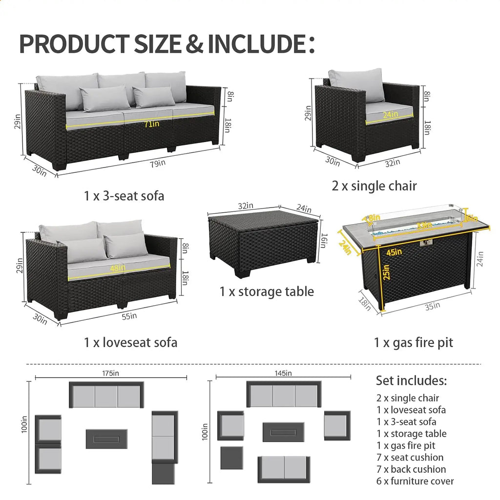 6 Pcs Outdoor Furniture Sets Patio Furniture Set with 45" Fire Pit Patio Couch Outdoor Chairs 60000 BTU Steel Propane, Custom