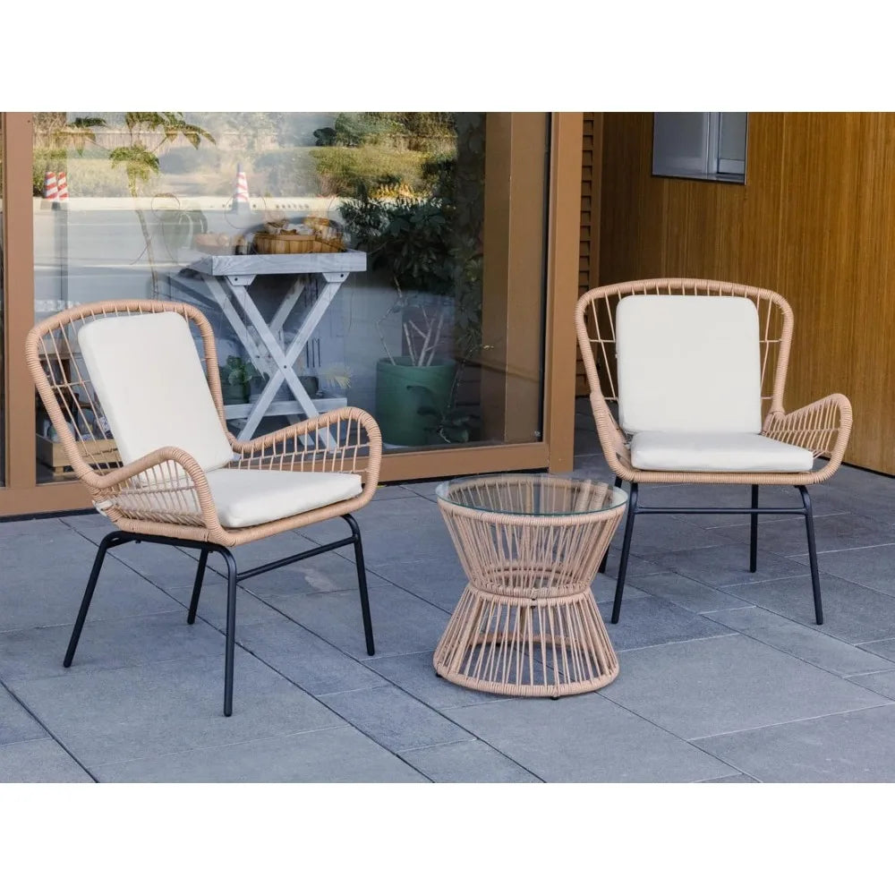Boho Style Patio Set for Small Spaces，3 Piece Rattan Patio Bistro Set,Outdoor Wicker Furniture with 2 Chairs and Glass Top Table