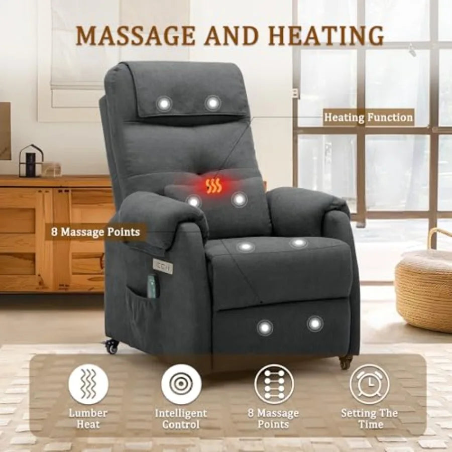 Power Recliner Chair for Adults, Recliner for Small Spaces with Rollers, Electric Chair with Massage and Heat, USB and Type-C C