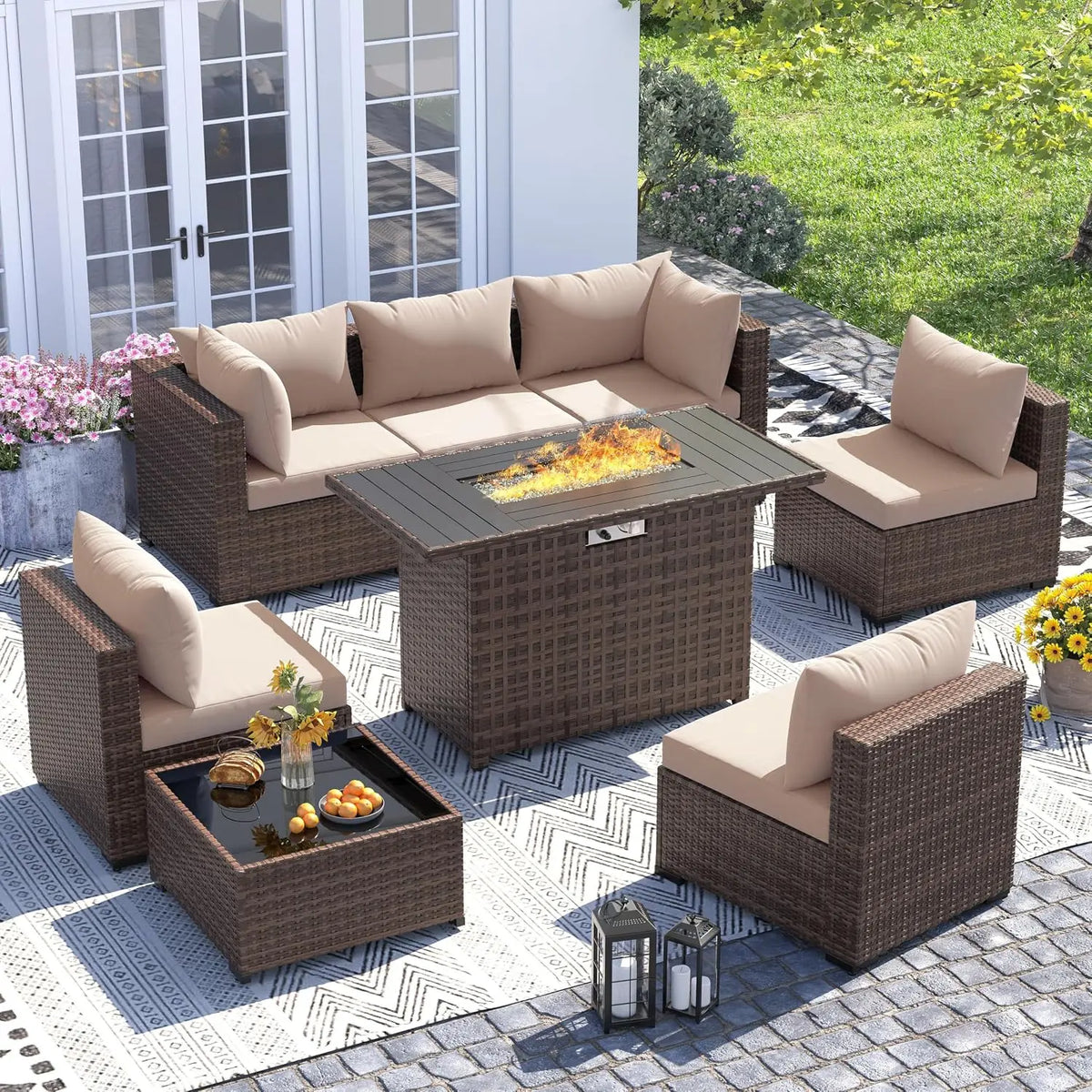 8-Piece Wicker Patio Furniture Set with 44" Fire Pit Table for Outdoor Garden, Custom