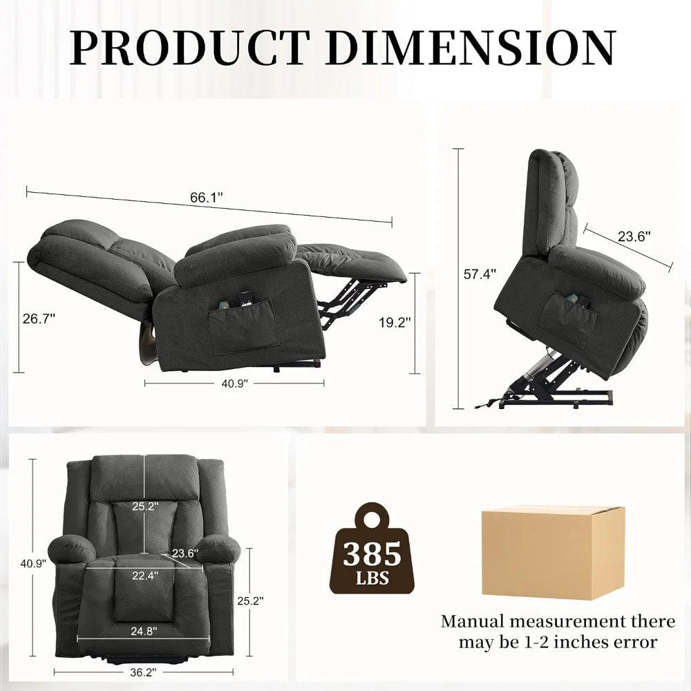 Dual Motor Power Lift Recliner Chair for Elderly Massage Heat Oversized Electric Recliner Side Pockets Living Room Waffle Grey
