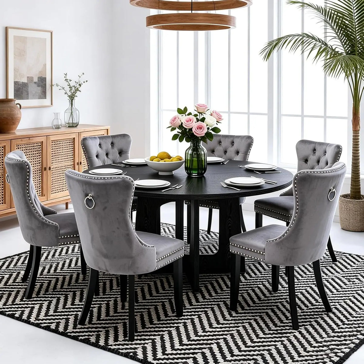 7-Piece Round Dining Table Set for 6, 47" Black Farmhouse Kitchen Table with 6 Gray Velvet Tufted Chairs, Modern Circle, Custom
