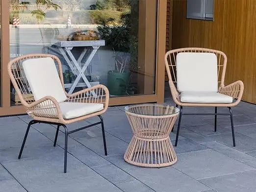 Boho Style Patio Set for Small Spaces，3 Piece Rattan Patio Bistro Set,Outdoor Wicker Furniture with 2 Chairs and Glass Top Table