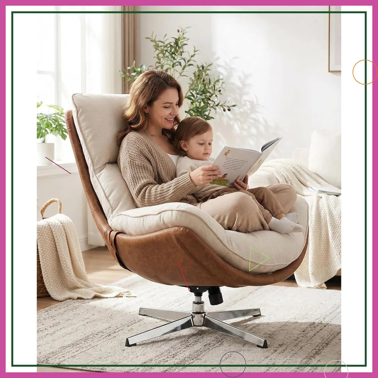 Modern Swivel Lounge Chair High Back Recliner with Metal Base for Living Room Office Beige Comfortable