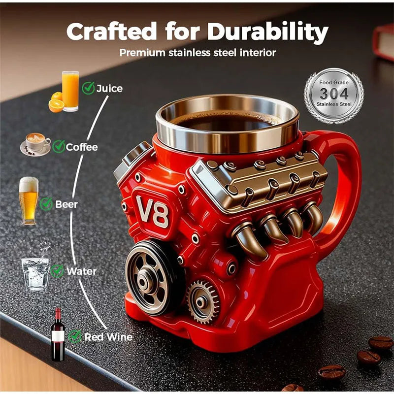 V8 Engine Coffee Mug, Retro Engine Coffee Mug V8 Stainless Steel Cup Double Wall Insulation With Handle For Car Enthusiast Gift