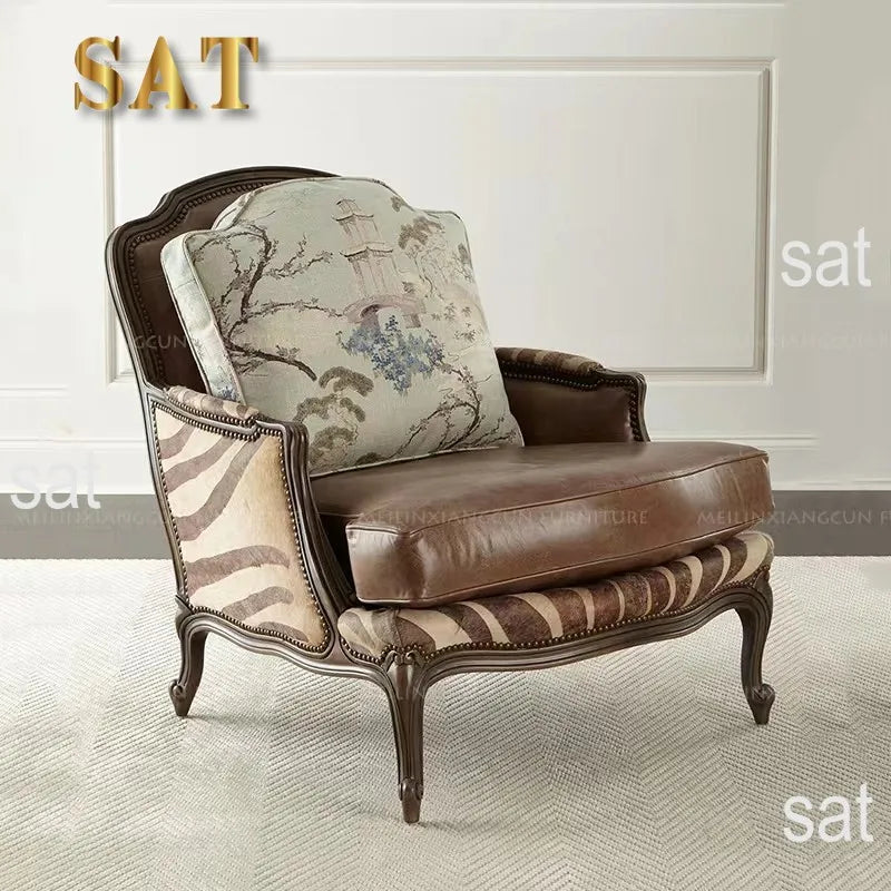 #American single sofa chair, solid wood top layer cowhide microfiber lounge chair, vintage carved negotiation chair, large apart
