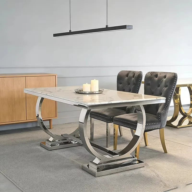 # Factory Wholesale Solid Marble Dining Table with Silver Circle Decorations