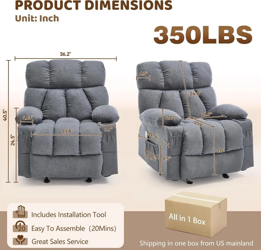 Massage Rocking Recliner Chair with Heat, USB, Cup Holders, Grey
