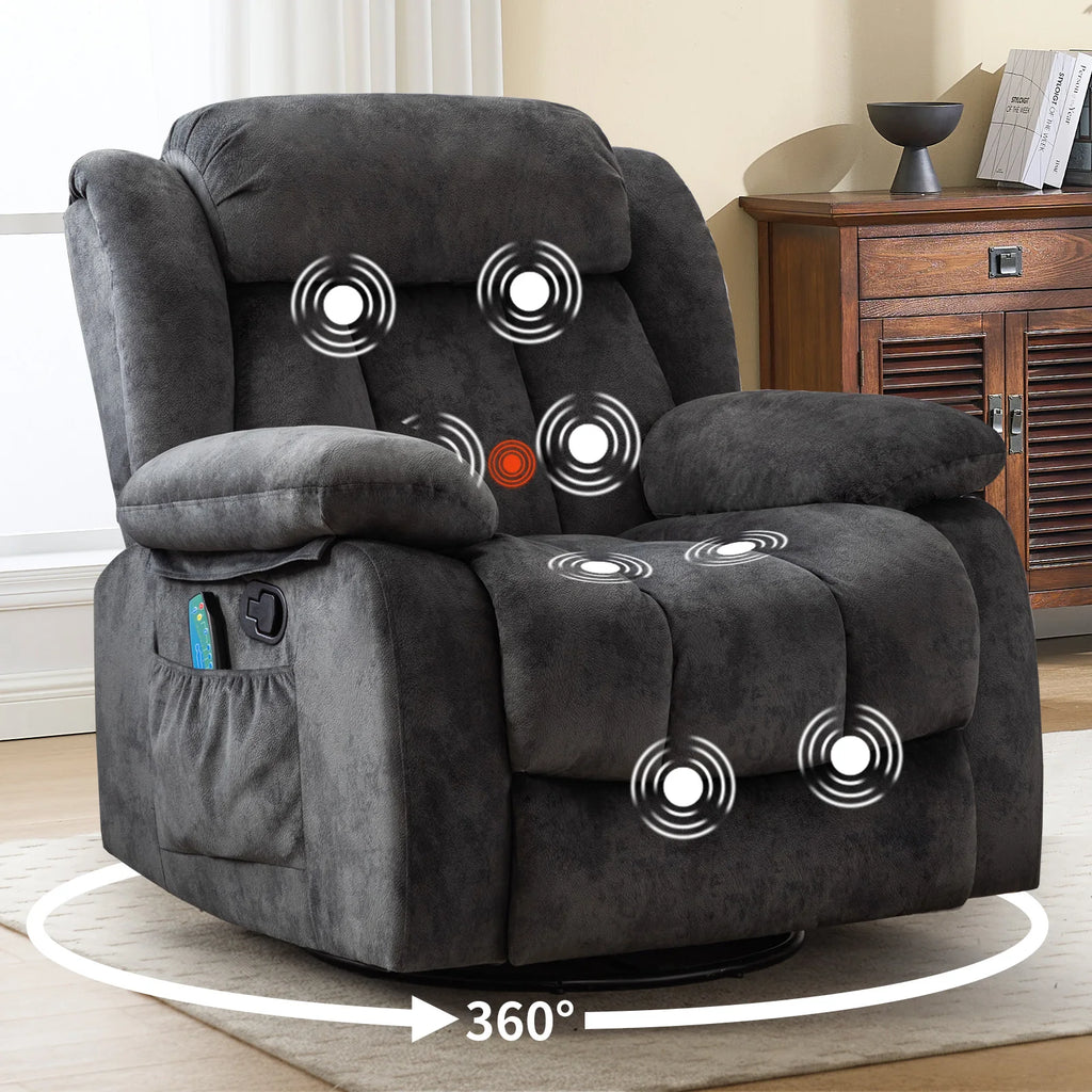 Massage Rocker Recliner with Heat and Vibration, 360 Degree Swivel Manual Antiskid Fabric Single Sofa Heavy Duty Reclining Chair for Living Room