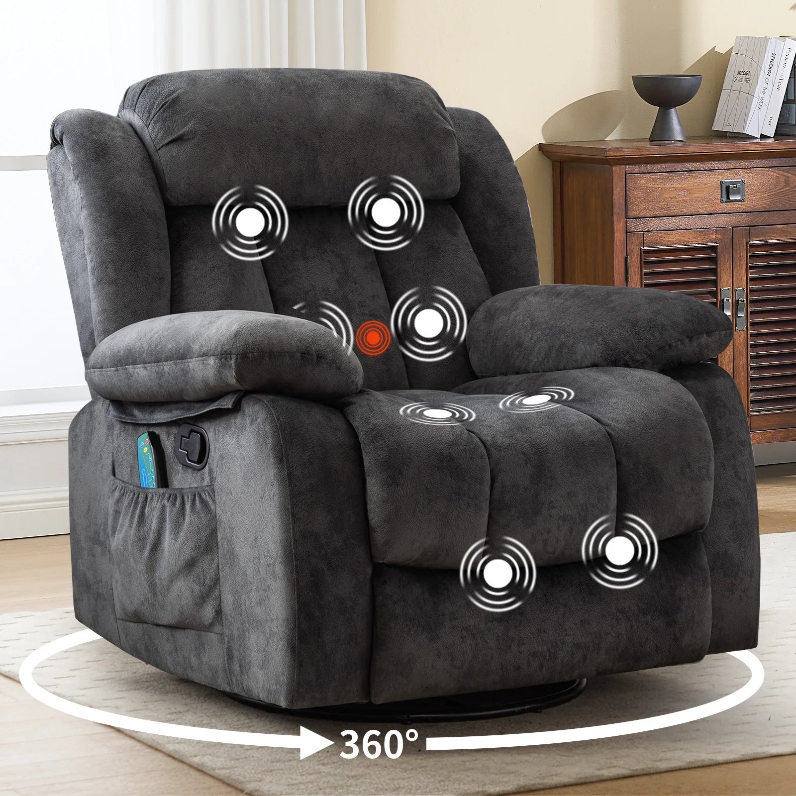 Massage Rocker Recliner with Heat and Vibration, 360 Degree Swivel Manual Antiskid Fabric Single Sofa Heavy Duty Reclining Chair for Living Room