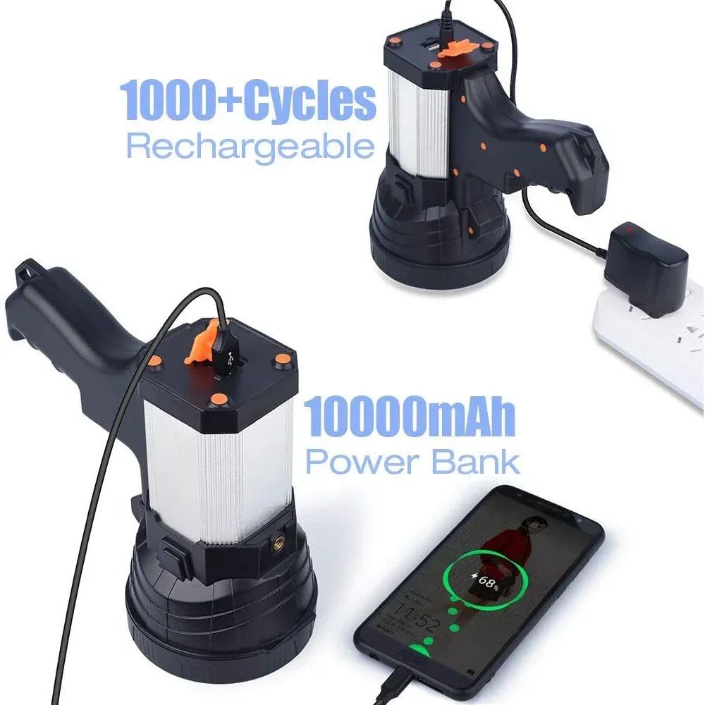 High Power Rechargeable Searchlight Powerful LED Work Light Spotlight Outdoor Flashlight Camping Lantern Torch Power Bank