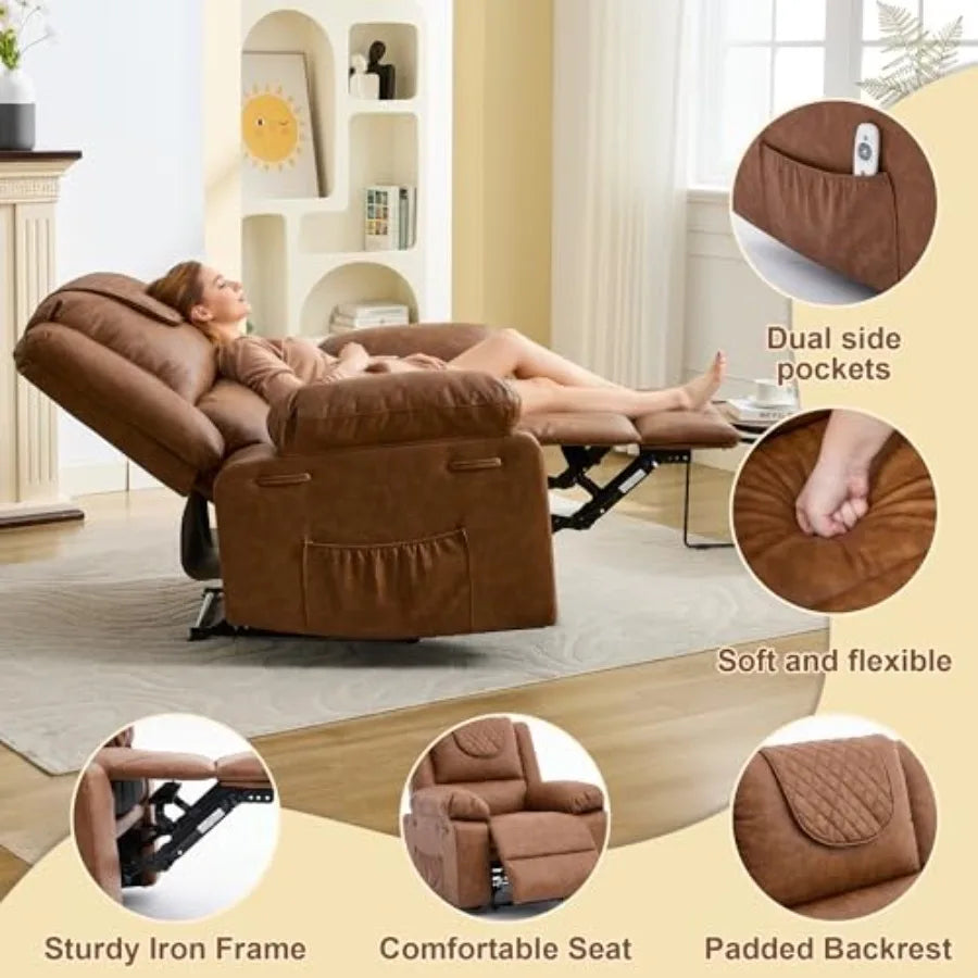 Adult Manual Recliner with Heating and Massage Functions 135° Front and Rear Adjustment - Equipped with Side Storage Pockets an