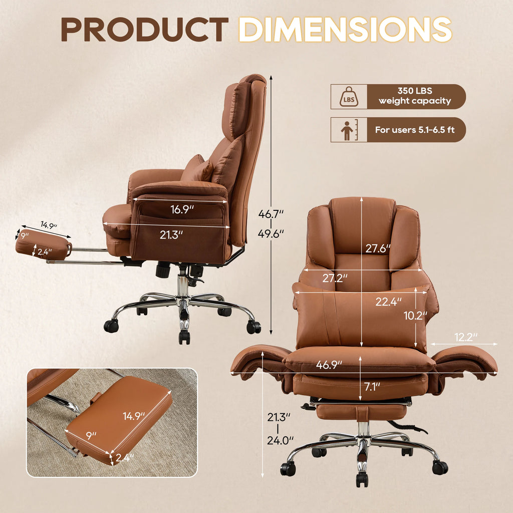 TCGBKAF Big and Tall Office Chair Executive Chair Brown PU Leather Criss Cross Chair with Adjustable Backrest and Flip Armrests, Ergonomic Computer Desk Chair with Footrest for Home &Office