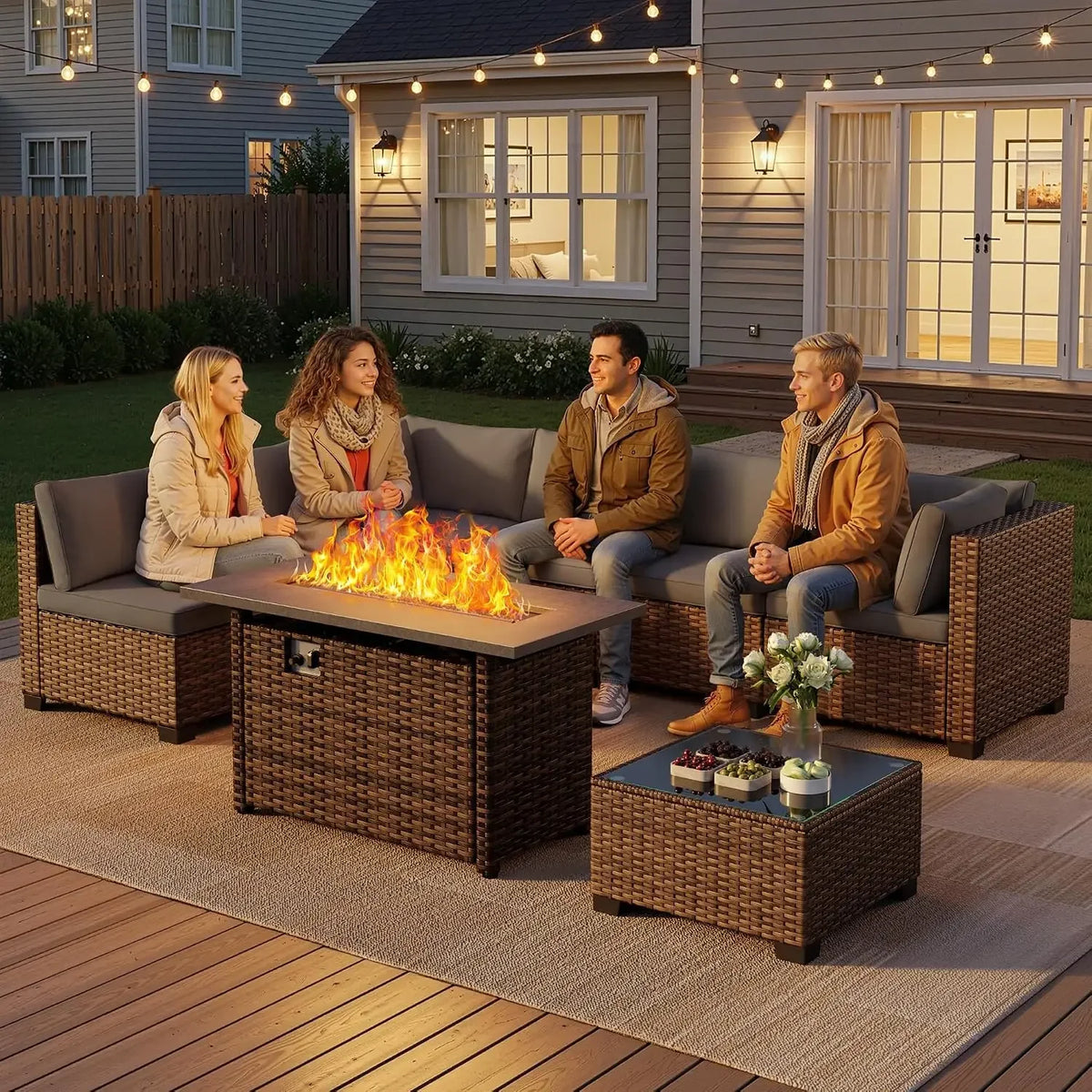 Qsun 8 Pieces Outdoor Patio Furniture Set with 44.9" Fire Pit Table, All-Weather Wicker Outdoor Patio Sectional Set with Coffee