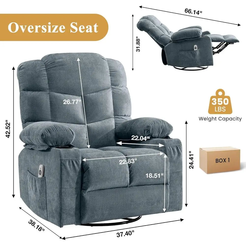 Large Oversized Swivel Massage Recliner with Lumbar Heat, Cup Holders, and USB Port