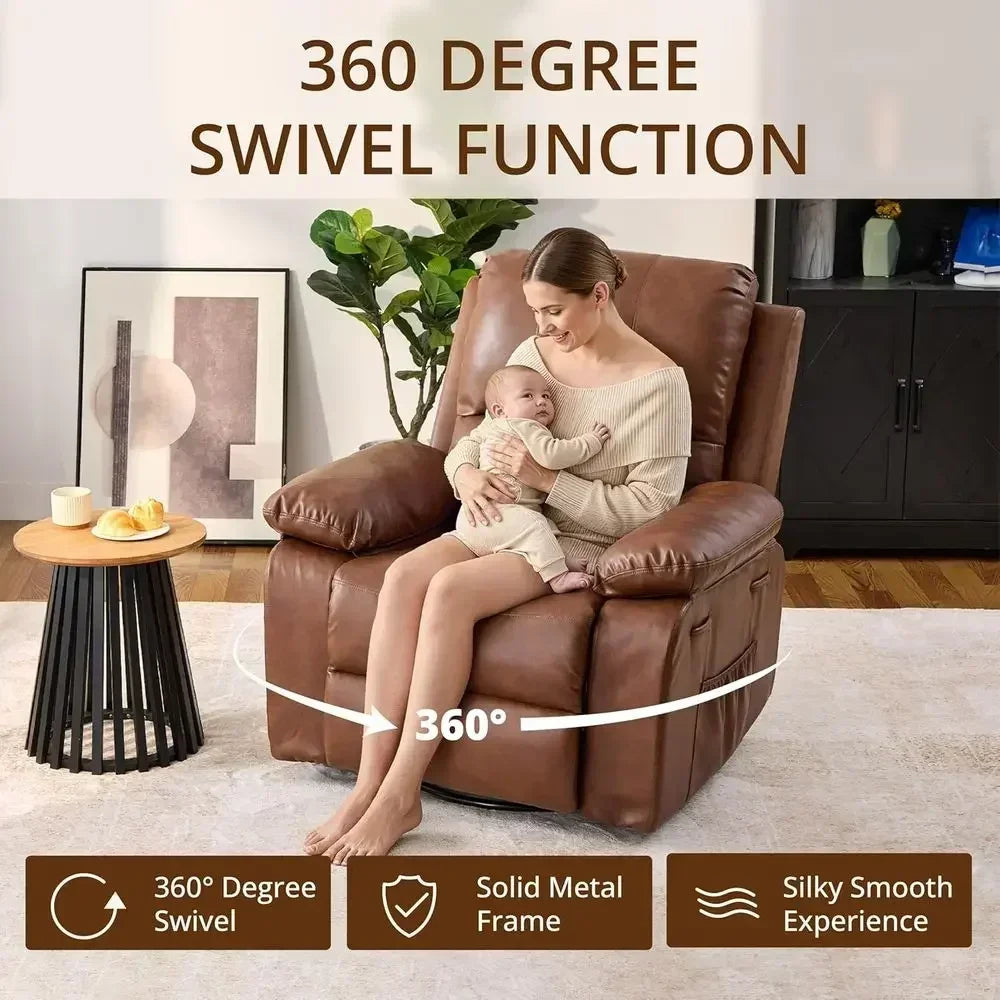 2-Piece Leather Recliner Set: Swivel Rocking Chairs with Spring Cushion and Side Pockets for Living Room or Nursery, Camel