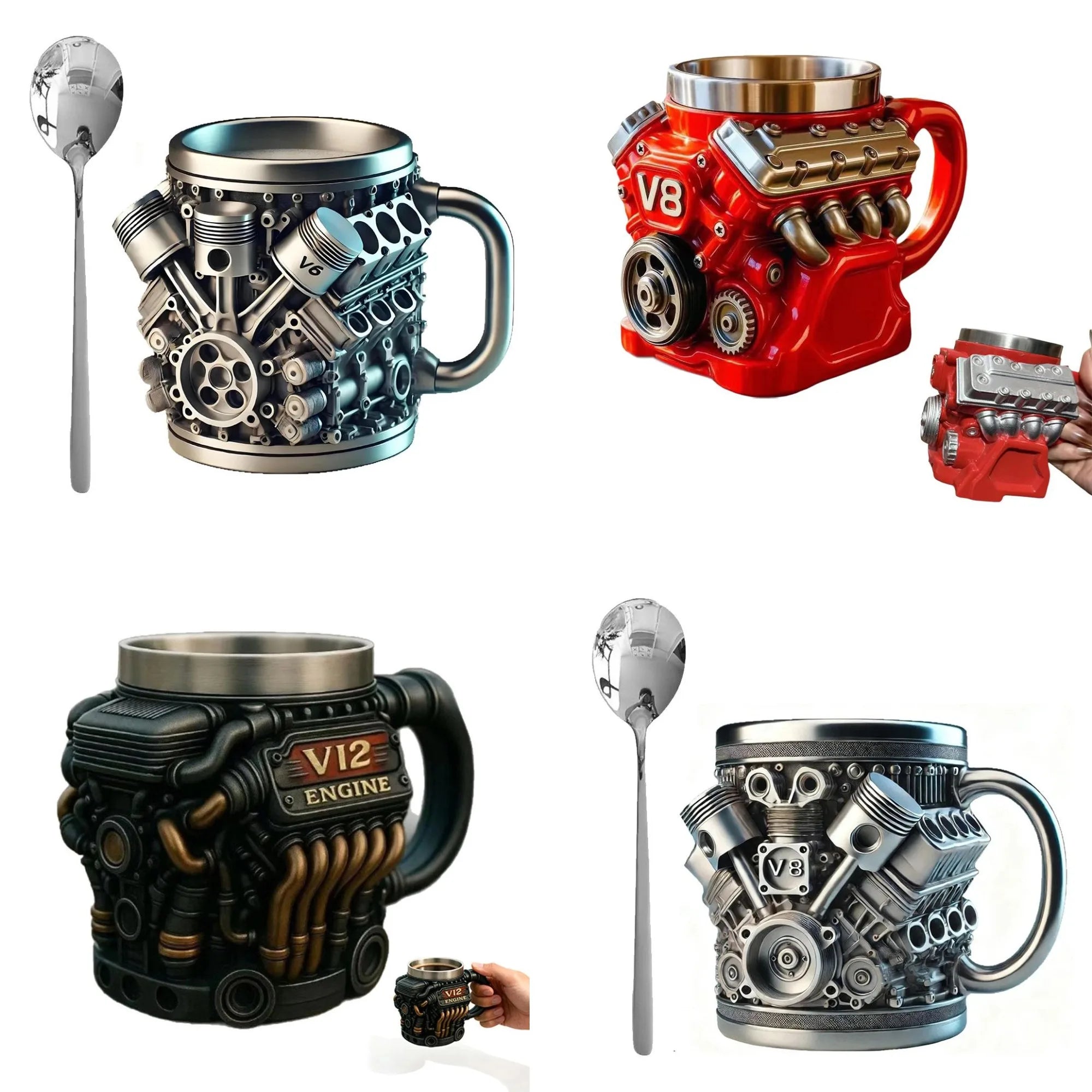 V6 V8 V12 Retro Engine Coffee Mug Stainless Steel Coffee Mug Funny Design Mug Coffee Cup Cocktail Mug Tea Cup For Car Enthusiast