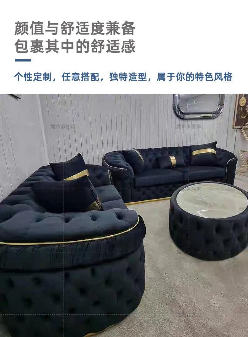 Luxury Chesterfield Sectional Sofa Set with Cloth Buttons and Fabric Modular Couch with Gold Stainless Steel Base, 3-seater Sofa
