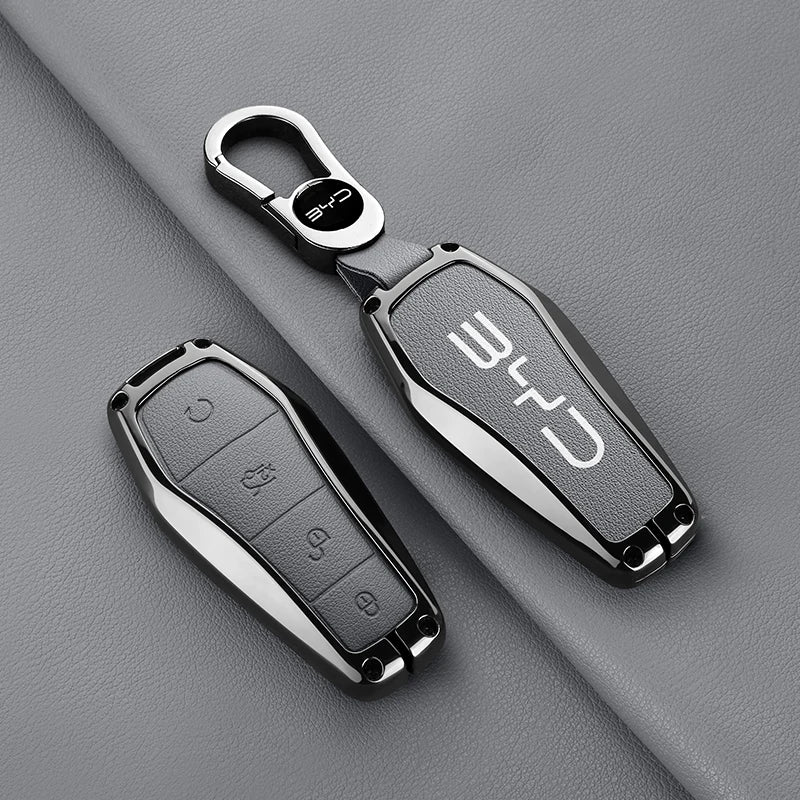 Alloy Leather Car Smart Remote Key Case Cover Emblem Accessories For BYD Song Pro Tang Dmi QIn PLUS MAX Yuan EV Dolphin Seagull