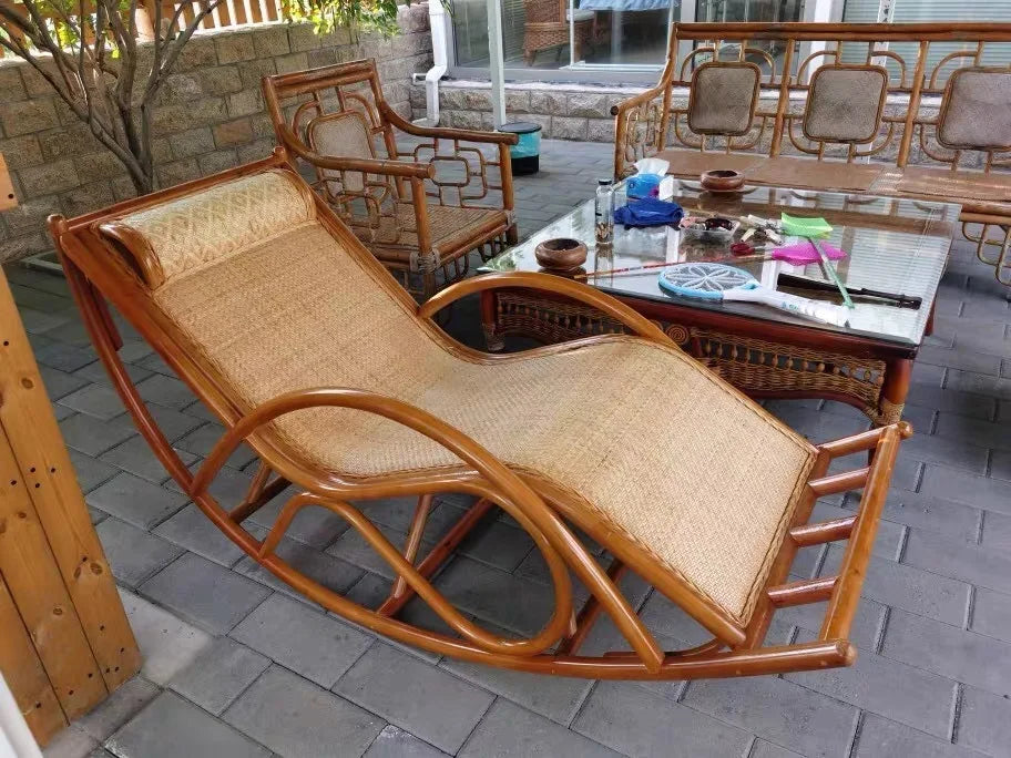 CZ Rocking Chair Hanging Basket Natural Real Rattan Plant Woven Relaxing Leisure Recliner