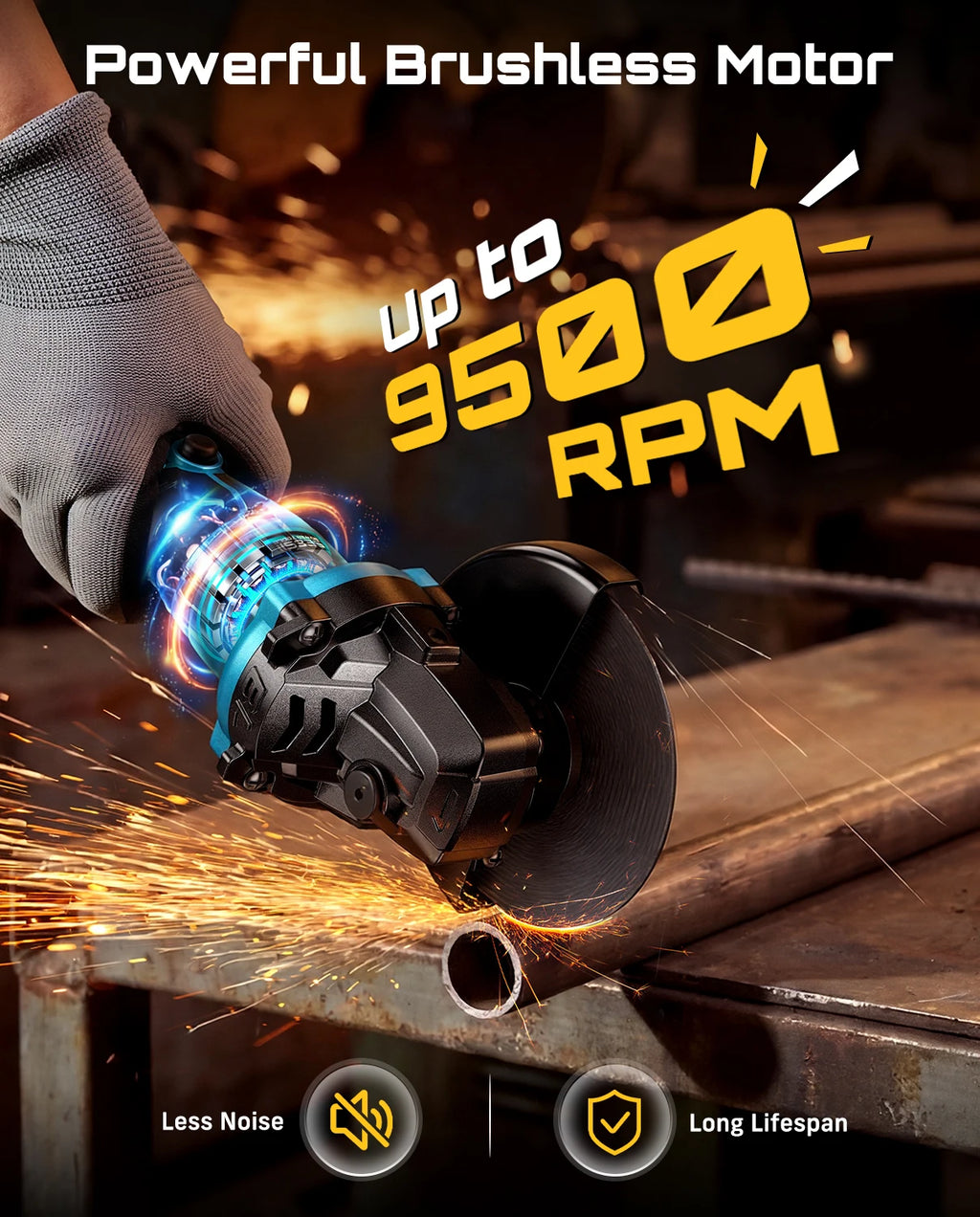 SEESII Angle Grinder Tool Cordless Brushless 4 1/2 Inch Variable Speed Settings 10000RPM Handheld Electric Power Tool with Cutting Wheels and Flap Wheels 4.0 Battery
