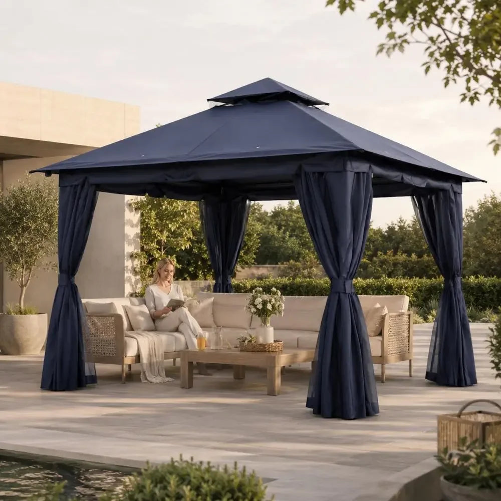 10x13 Outdoor Gazebo, Heavy Duty Metal Patio Canopy Tent Shelter with Double Roof, Mosquito Netting amp Privacy Curtains for Ba