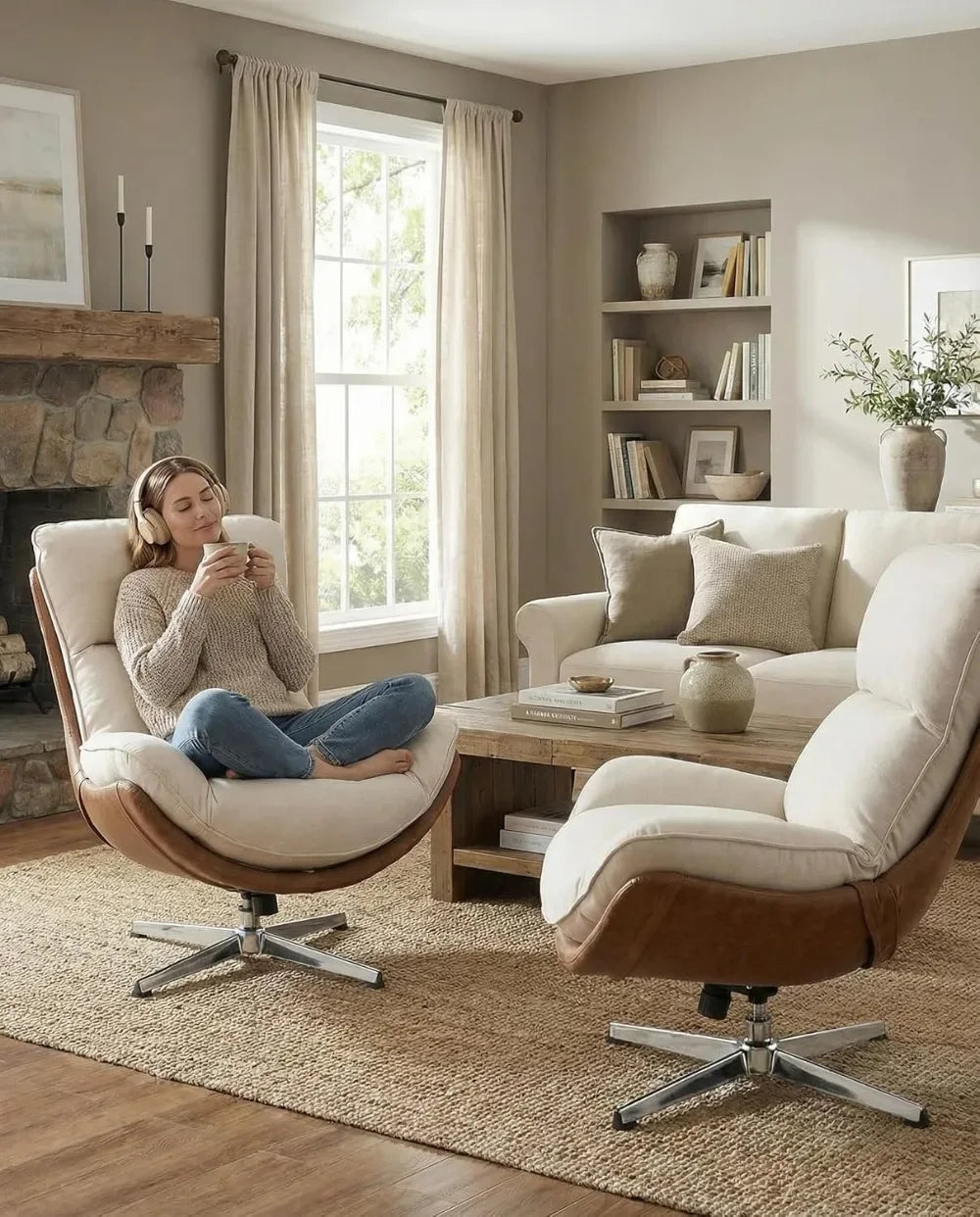Modern Swivel Lounge Chair High Back Recliner with Metal Base for Living Room Office Beige Comfortable