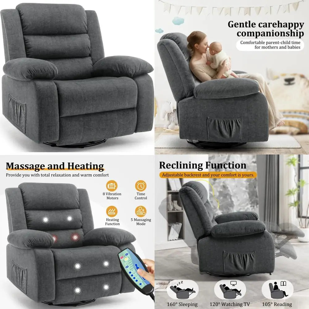 Luxury Reclining Chairs, Spacious Rocking Seats, Massage Heat Function, Full Rotation Nursery Rocker
