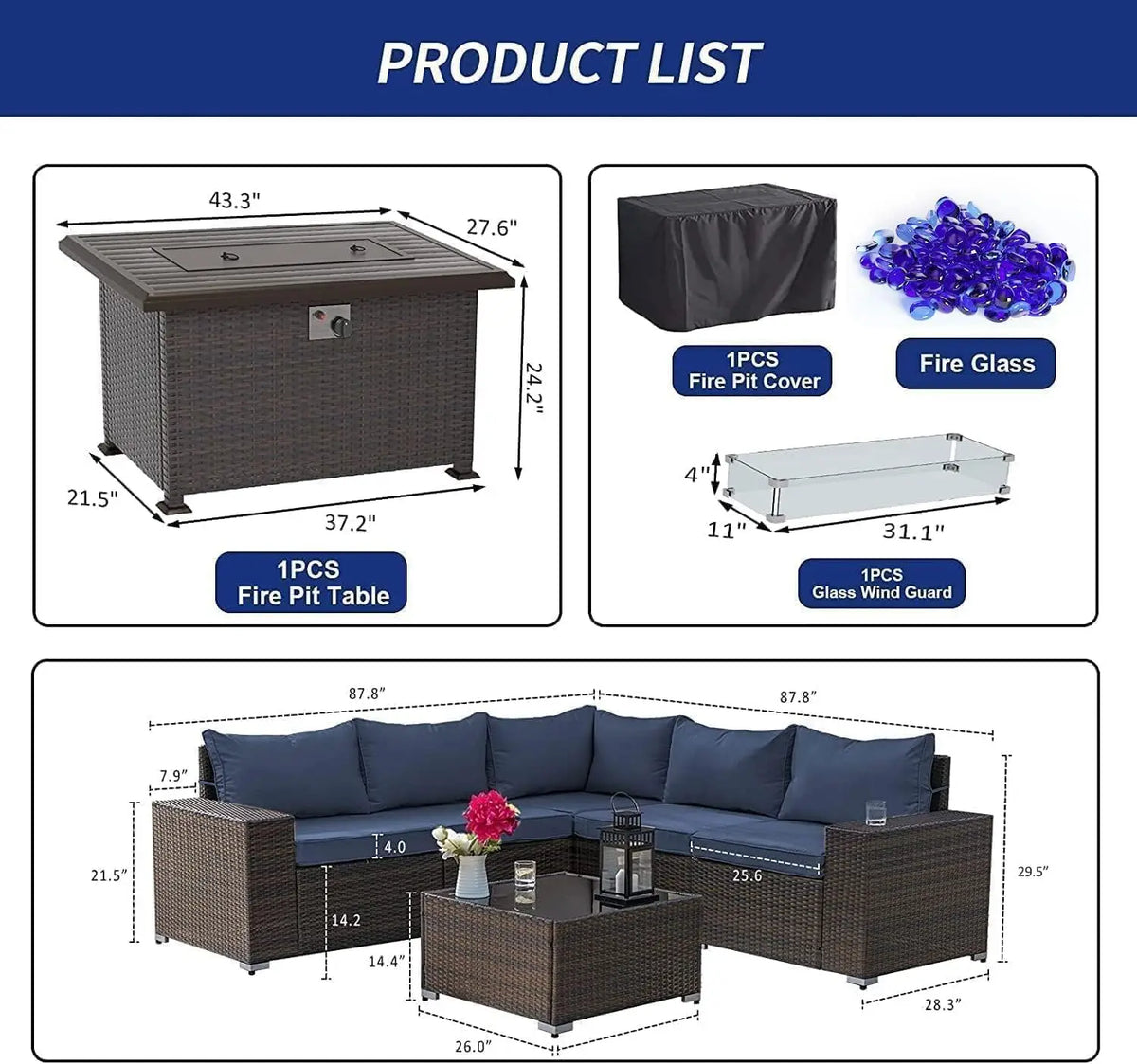 7 Piece Outdoor Wicker Patio Furniture Set with Fire Pit Table, Customized