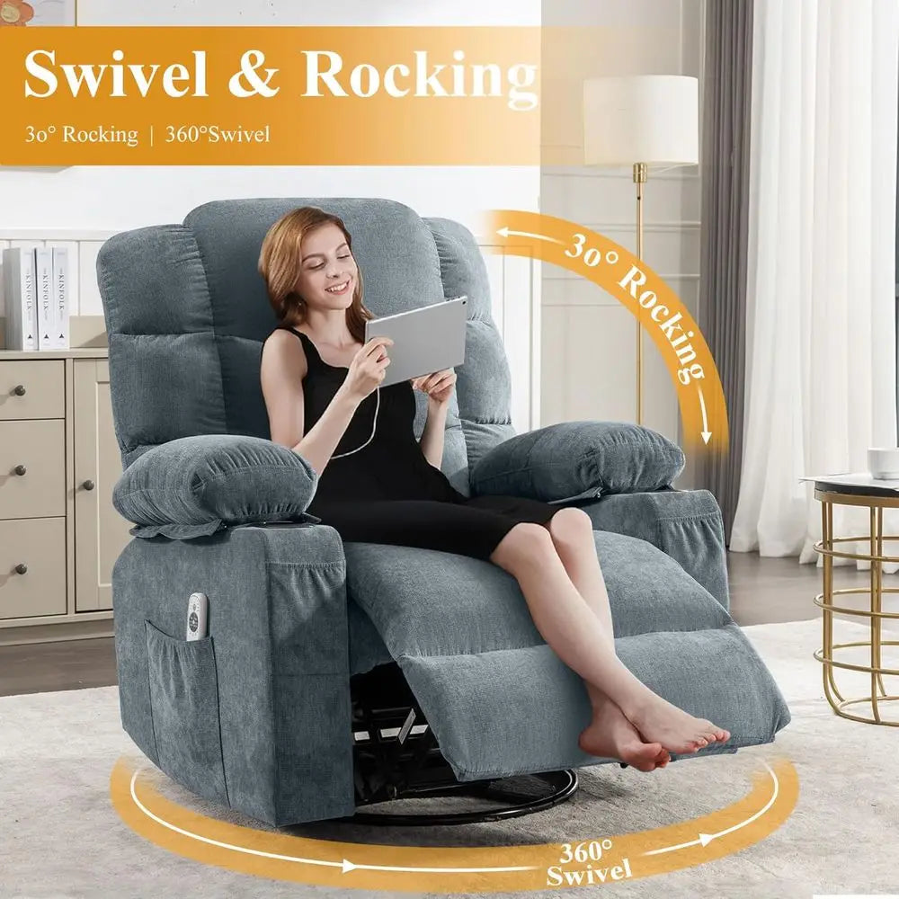 Large Oversized Swivel Massage Recliner with Lumbar Heat, Cup Holders, and USB Port