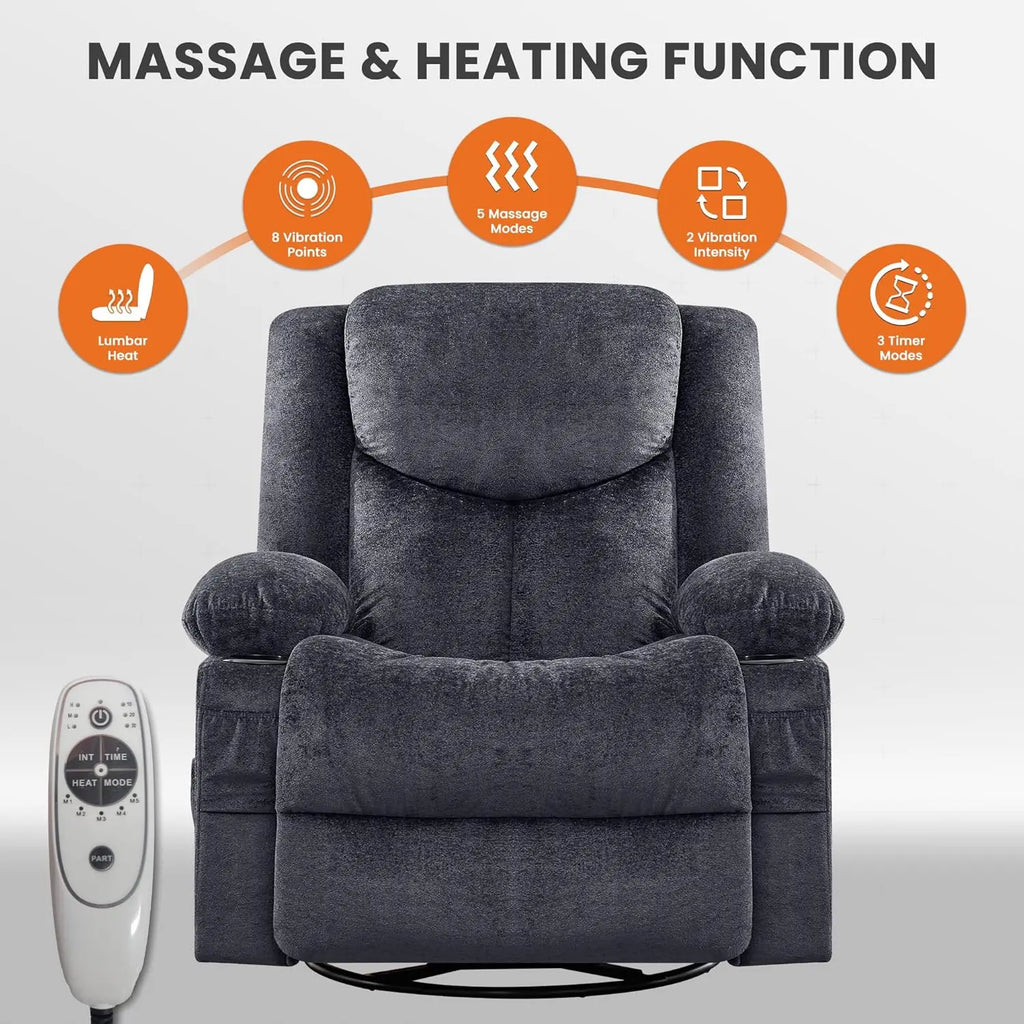 Swivel Recliner Chair w/ Massage & Heat, Rocker, Side Pocket & 2 Cup Holders, Living Room, Customized