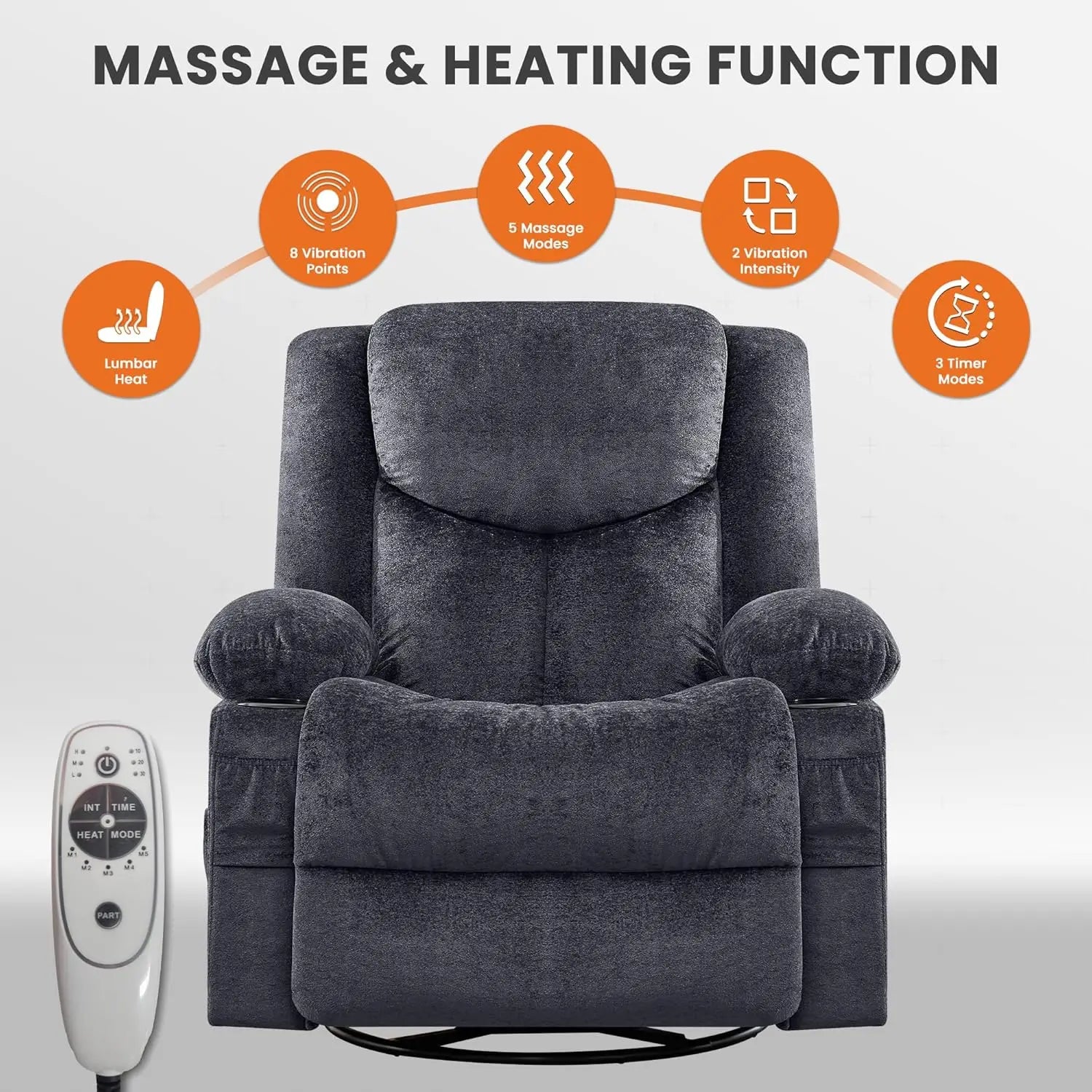 Swivel Recliner Chair w/ Massage & Heat, Rocker, Side Pocket & 2 Cup Holders, Living Room, Customized