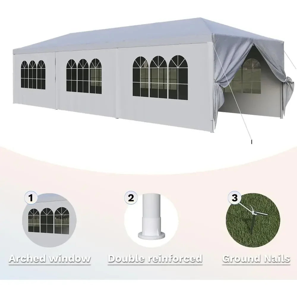 Large 10x30 Outdoor Waterproof Party Tent with Removable Sides & Doors for Weddings and Events (White)