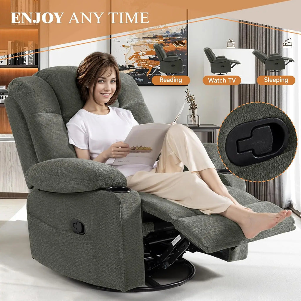 Swivel Rocker Recliner Chair for Adults, Manual Glider Sofa with Massage, Heat & Vibration, 360° Rocking for Living Room, Custom