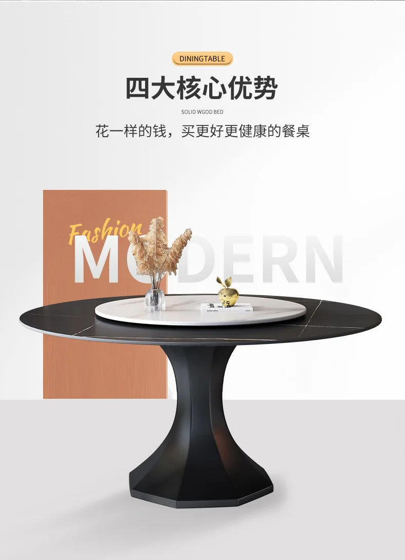PG Italian minimalist light luxury rock slab bright dining table modern simple round table with turntable high-end dining table