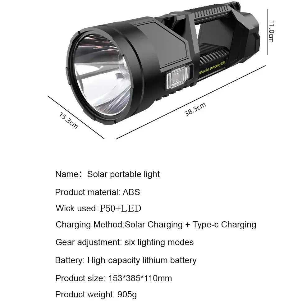 Multi-functional Lighting Flashlight Strong Light Searchlight Solar Rechargeable Flashlight Super Bright Outdoor Long-range Lamp