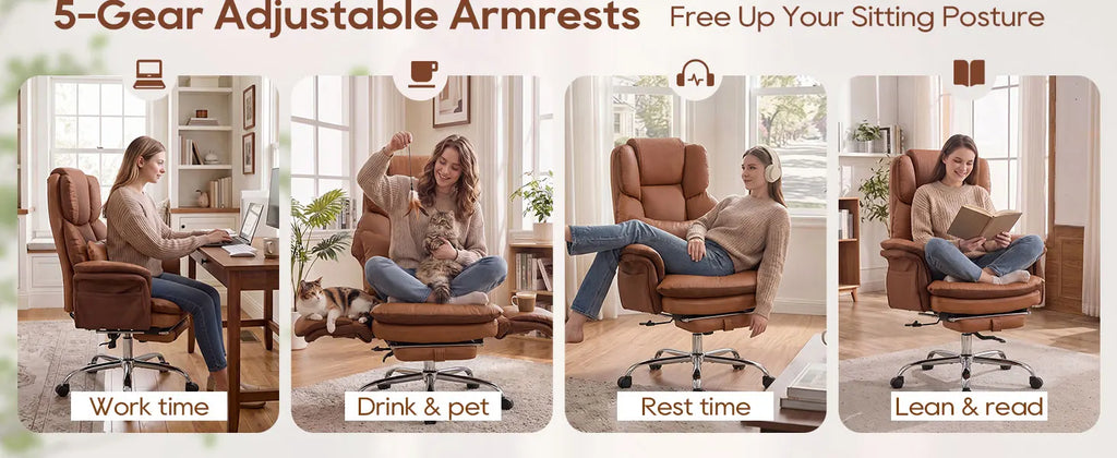 TCGBKAF Big and Tall Office Chair Executive Chair Brown PU Leather Criss Cross Chair with Adjustable Backrest and Flip Armrests, Ergonomic Computer Desk Chair with Footrest for Home &Office