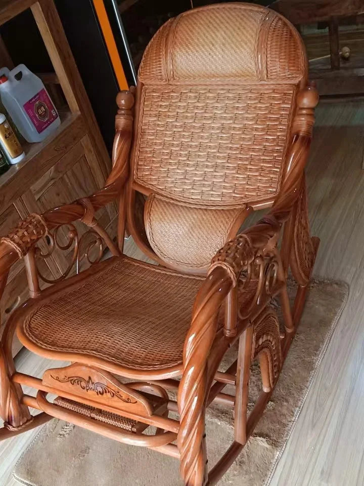 CZ Rocking Chair Hanging Basket Natural Real Rattan Plant Woven Relaxing Leisure Recliner