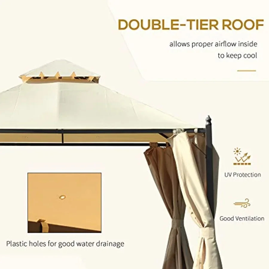 10' x 10' Steel Outdoor Patio Gazebo with Polyester Privacy Curtains Two-Tier Roof for Air Large Design